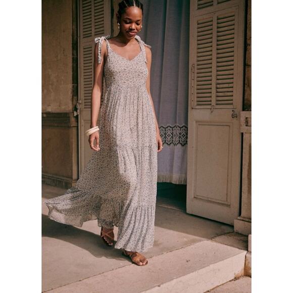 NEW Sezane Phily Maxi Sun Dress Blue Flowers Shoulder Ties Size 36 / 4 - Picture 2 of 11